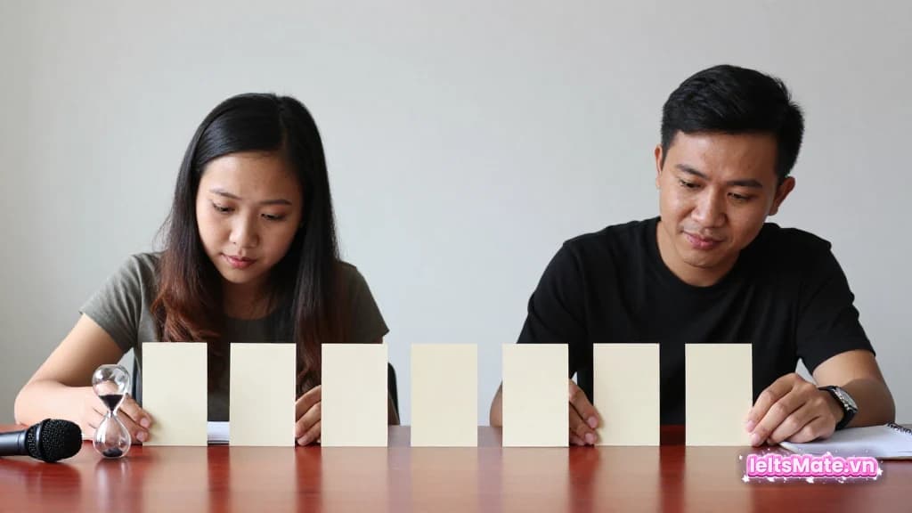 Hai người học Việt Nam xếp các thẻ giấy trắng theo dòng thời gian cạnh đồng hồ cát và micro nhỏ.