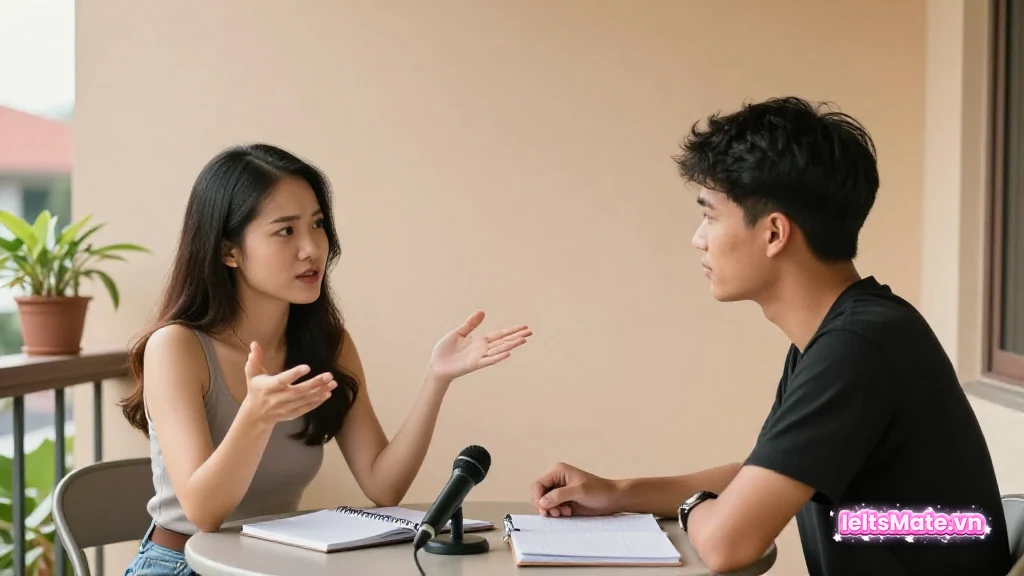 Hai người học Việt Nam tranh luận sôi nổi trên bàn ban công nắng, micro nhỏ và sổ tay trống đặt giữa bàn.