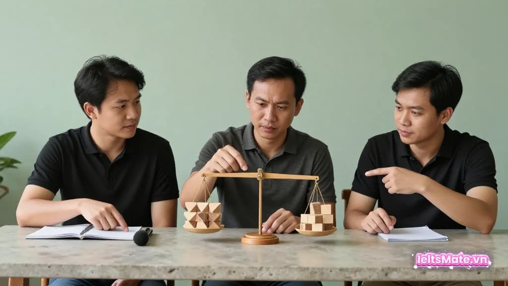 Ba người học Việt Nam cân hai nhóm khối gỗ trơn theo cùng một tiêu chí cạnh micro trên bàn.