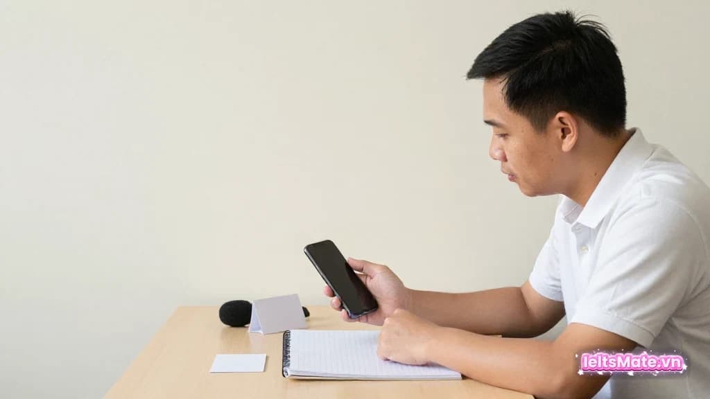 Người học Việt Nam trong góc học sáng, dùng thẻ gợi ý trắng và điện thoại màn hình mờ để minh họa thao tác luyện IELTS Speaking Part 3 ý tưởng trừu tượng.