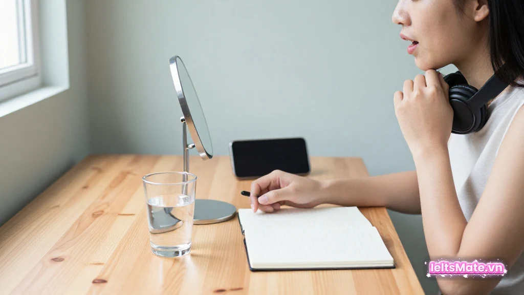 Người học Việt Nam tập phát âm trước gương nhỏ và điện thoại trên chân đế, tai nghe đeo quanh cổ, ánh sáng dịu.