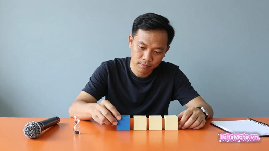 Một người học Việt Nam đổi một khối gỗ đặt sai sang vị trí đúng cạnh micro và đồng hồ cát nhỏ.