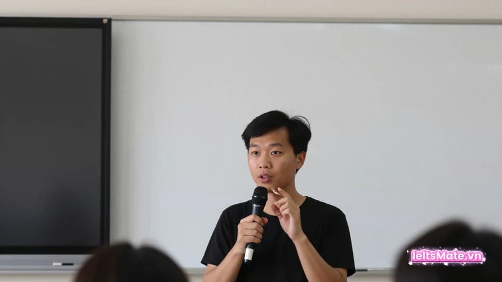 Một người học Việt Nam nói vào micro nhỏ, tay còn lại giơ nhẹ như đang tự sửa câu trong phòng yên tĩnh.