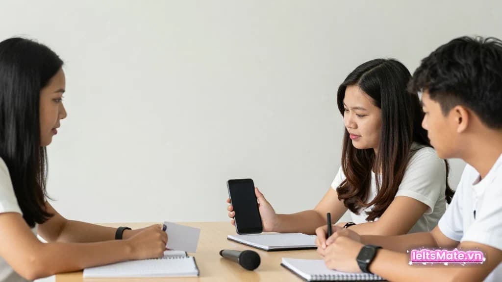 Người học Việt Nam trong góc học sáng, dùng thẻ gợi ý trắng và điện thoại màn hình mờ để minh họa thao tác luyện từ vựng chủ đề IELTS Speaking.