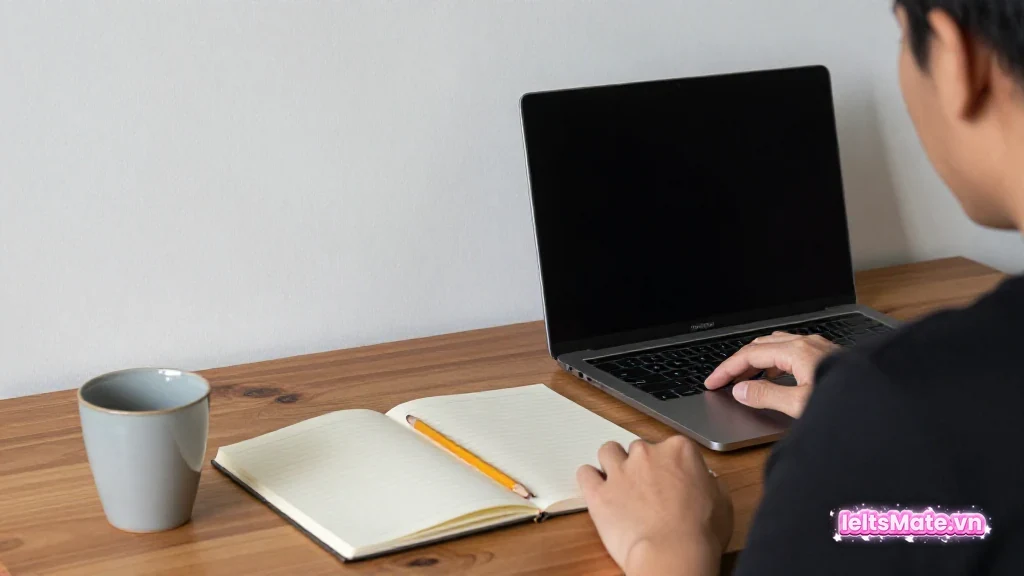Ba người học Việt Nam thảo luận quanh bàn có sách bìa trơn, thẻ giấy trắng và laptop màn hình mờ trong lớp học sáng.