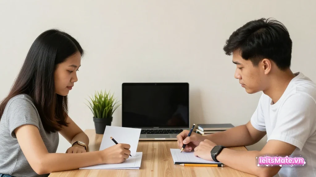 Người học Việt Nam sắp lá cây, bút và thẻ giấy trắng thành các nhóm ý môi trường trên bàn gỗ sáng.