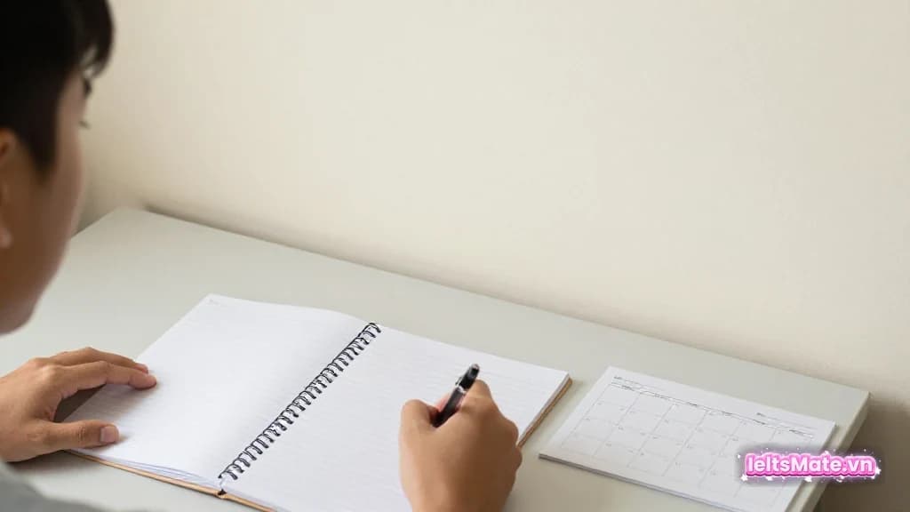 Người học Việt Nam trong góc học sáng, dùng bút và các trang nháp trắng để minh họa thao tác luyện IELTS Writing band 5 lên 6.