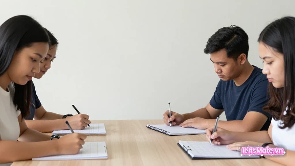 Người học Việt Nam trong góc học sáng, dùng bút và các trang nháp trắng để minh họa thao tác luyện IELTS Writing band 7 sắc thái.