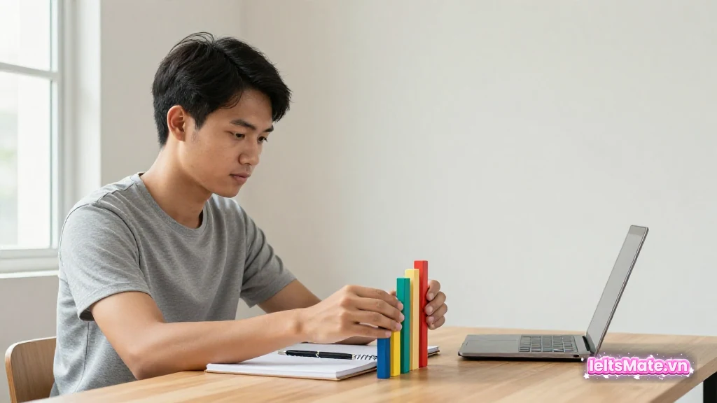 Người học Việt Nam xếp các thanh gỗ màu sắc theo chiều cao khác nhau thành hai nhóm nhỏ trên bàn học.