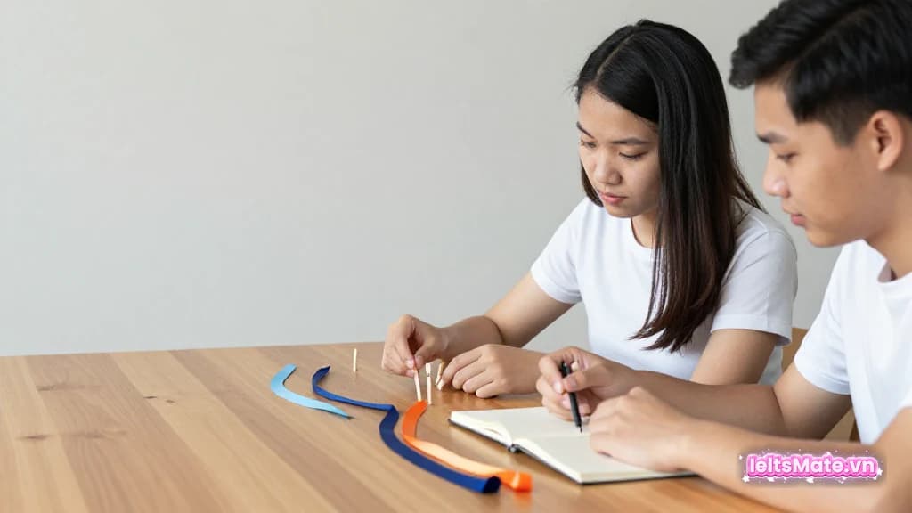 Hai người học Việt Nam cùng xếp dây ruy băng và cọc gỗ trơn thành các đường xu hướng lên xuống trên bàn học.