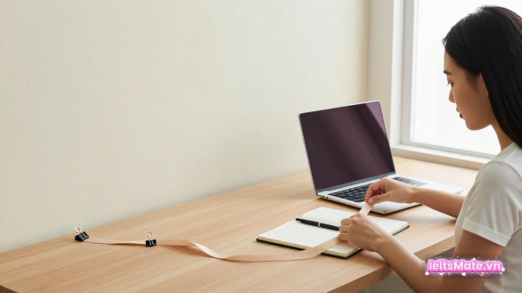 Người học Việt Nam đặt một dải ruy băng dài uốn lượn lên xuống trên bàn, cố định bằng kẹp giấy nhỏ.