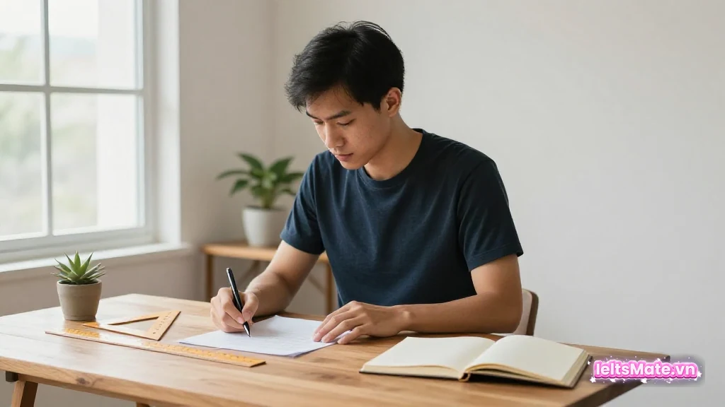 Người học Việt Nam đứng viết tay bên bàn cao cạnh cửa sổ, thước và ê-ke đặt cạnh giấy trắng gợi ý vị trí và hướng.