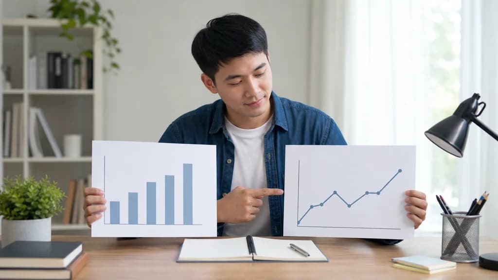 Người học IELTS ghi chú các xu hướng chung khi đặt hai biểu đồ cạnh nhau trên bàn học sáng.