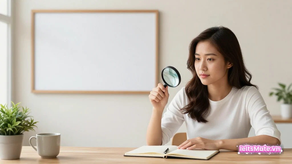 Người học Việt Nam cầm kính lúp trên sổ trống, khung ảnh trống treo tường sau gợi ý nhìn tổng thể trước khi viết chi tiết.