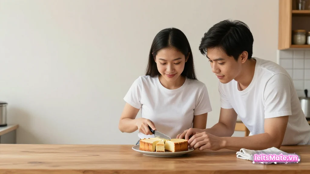Hai người học Việt Nam cắt bánh thành các phần không đều nhau trên chiếc đĩa tròn trong gian bếp ấm áp.