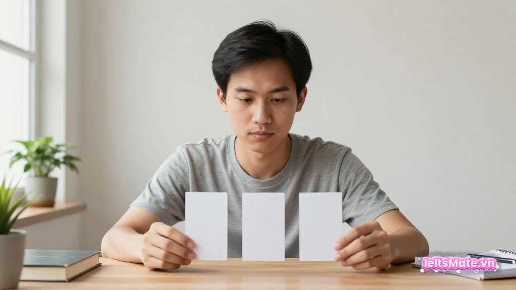Người học Việt Nam xếp ba tấm thẻ trắng theo hàng trên bàn, tay kia cầm bút, gợi ý viết theo trình tự các bước.