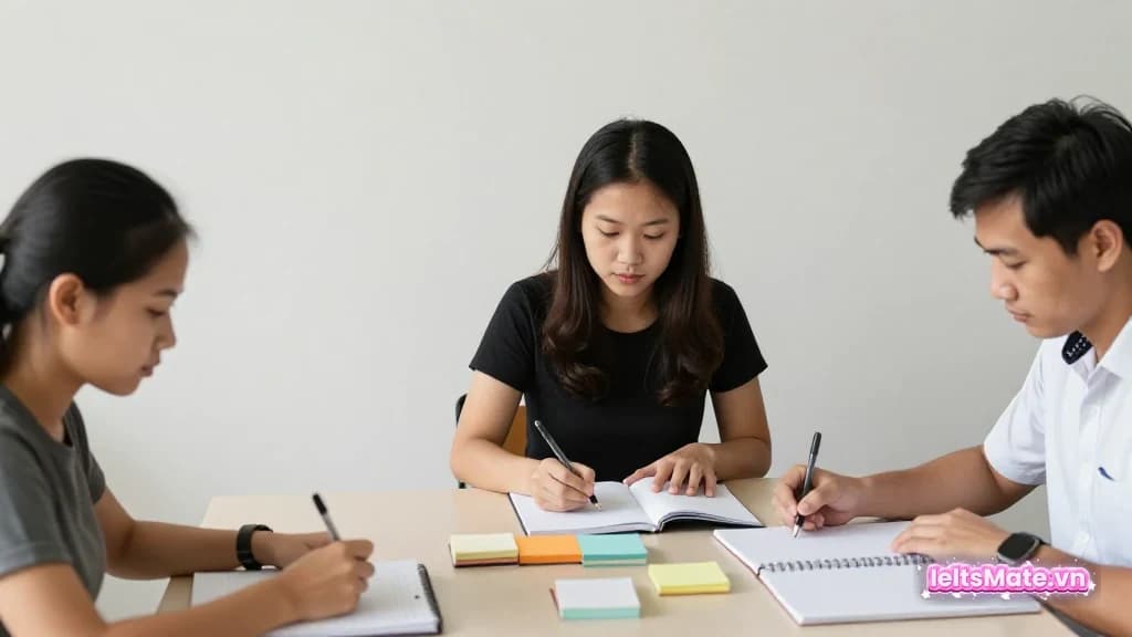 Người học Việt Nam trong góc học sáng, dùng bút và các trang nháp trắng để minh họa thao tác luyện so sánh IELTS Writing Task 1.