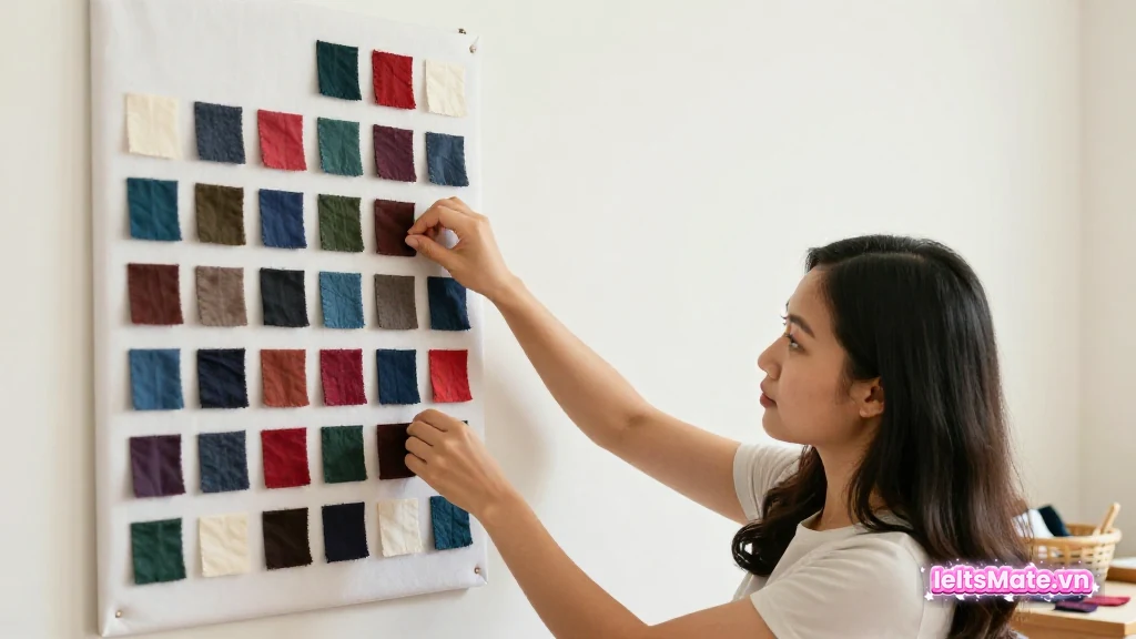 Người học Việt Nam ghép các miếng vải màu thành lưới hàng và cột trên bảng dạ, tay đang so hai miếng theo cùng một cột.