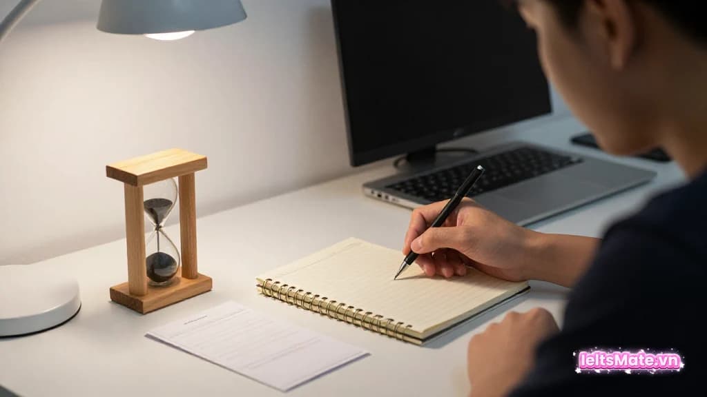 Một người học Việt Nam xoay lịch bàn trơn và viết vào sổ trắng, cạnh biểu tượng đồng hồ cát nhỏ trên bàn.