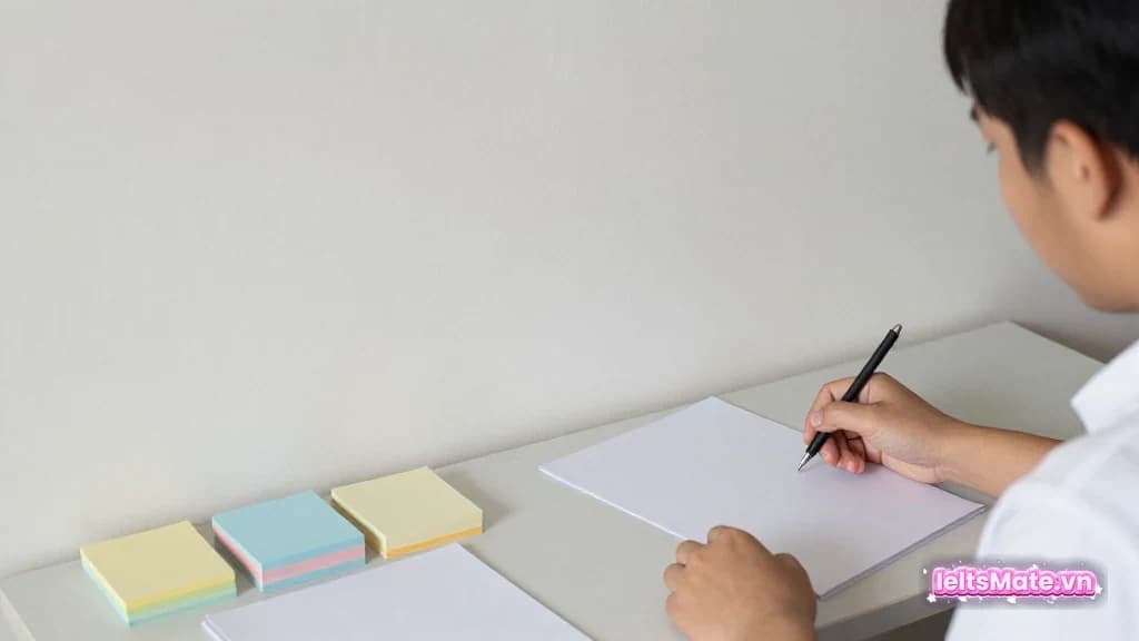 Người học Việt Nam trong góc học sáng, dùng bút và các trang nháp trắng để minh họa thao tác luyện từ vựng xu hướng IELTS Task 1.