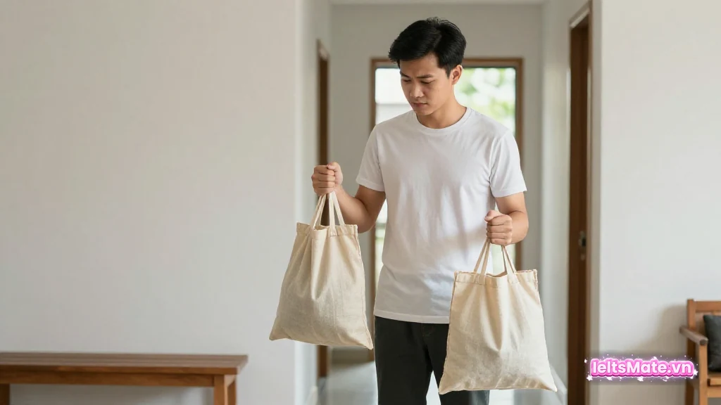 Người học Việt Nam đứng giữa nhà, hai tay cầm hai túi vải nặng khác nhau, một tay hạ thấp hơn để cân nhắc bên nào nặng hơn.