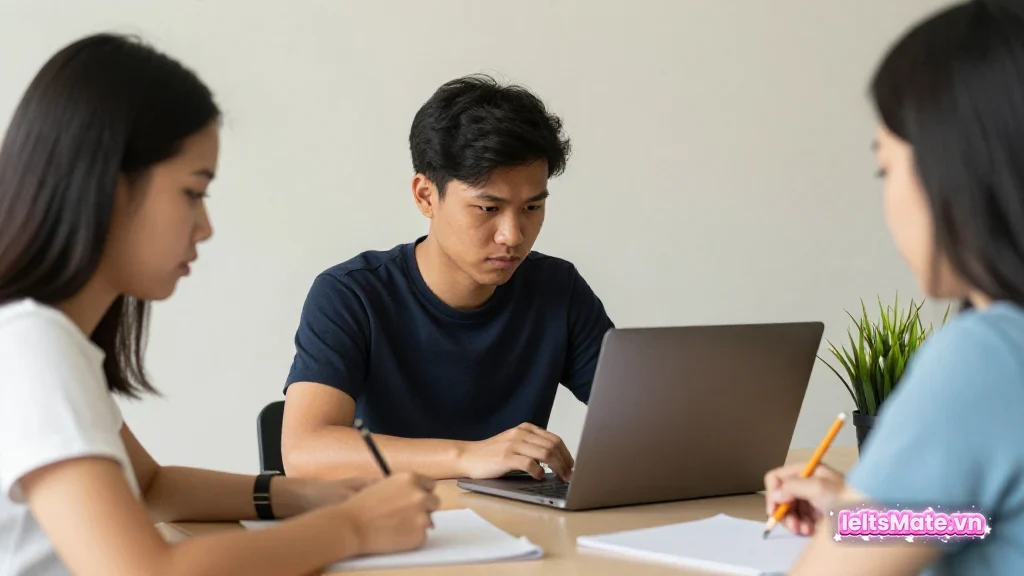 Người học Việt Nam cầm bút trước hai tờ giấy trắng đặt hai phía bàn, thể hiện việc chọn một lập trường khi viết.