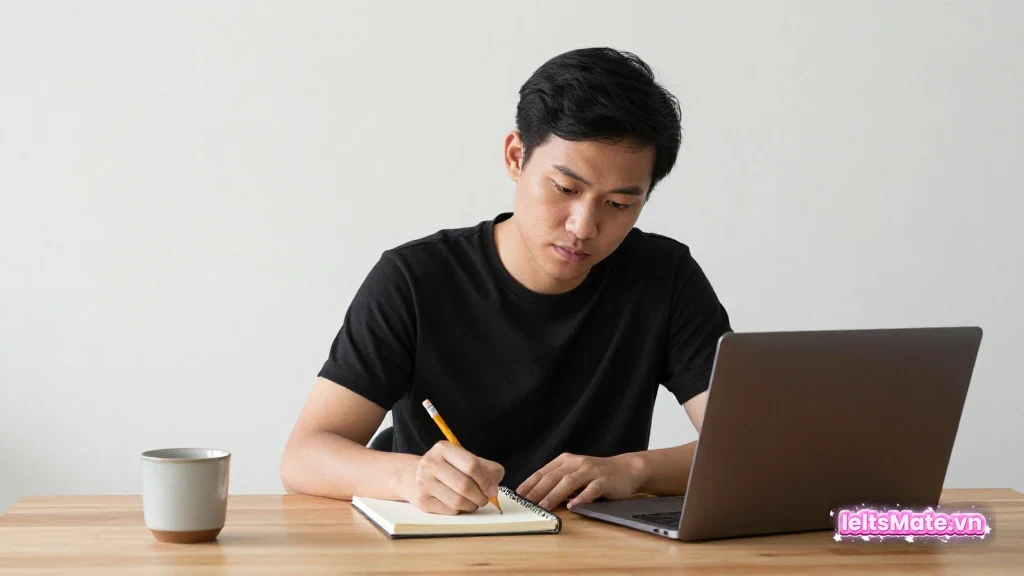 Hai người học Việt Nam ngồi cạnh bảng trắng trơn, tách ý nguyên nhân và giải pháp bằng thẻ giấy không chữ trên bàn.