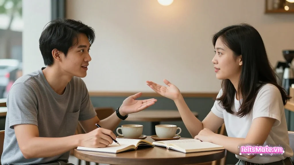 Hai người học Việt Nam trò chuyện tại bàn cà phê, mỗi người một sổ trống, gợi ý trao đổi hai quan điểm trước khi viết.