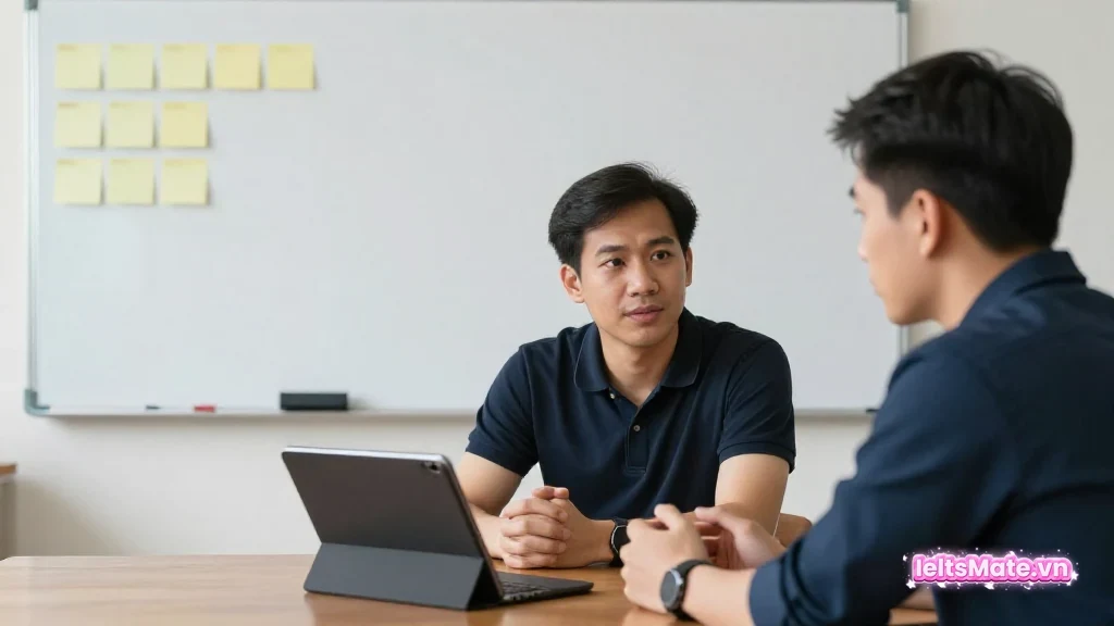 Một người học Việt Nam đặt hai thẻ giấy trắng song song bên cạnh laptop màn hình mờ để chia hai câu hỏi Task 2.