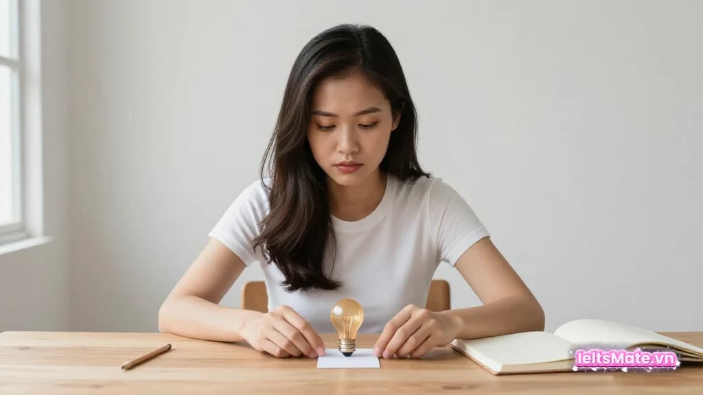 Người học Việt Nam đặt một thẻ giấy trắng dưới mô hình bóng đèn nhỏ, cạnh sổ tay mở trên bàn học.