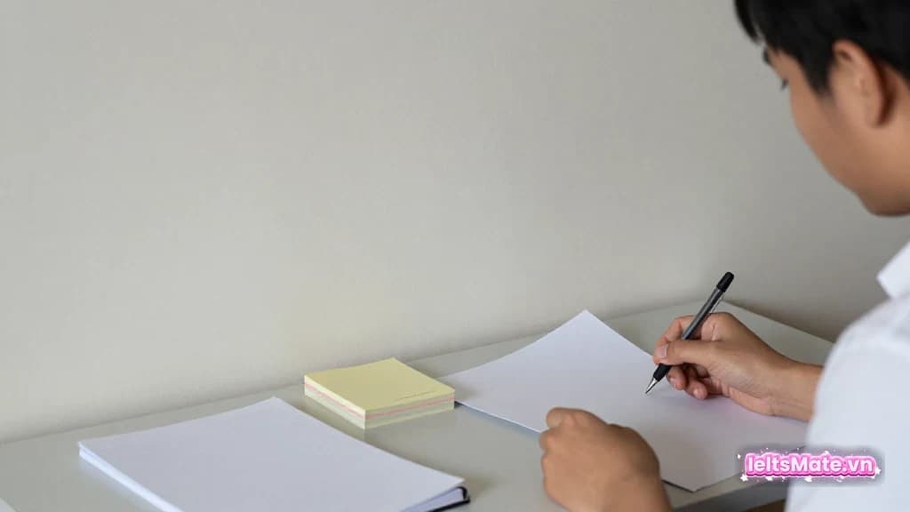 Người học Việt Nam trong góc học sáng, dùng bút và các trang nháp trắng để minh họa thao tác luyện kết bài IELTS Writing Task 2.