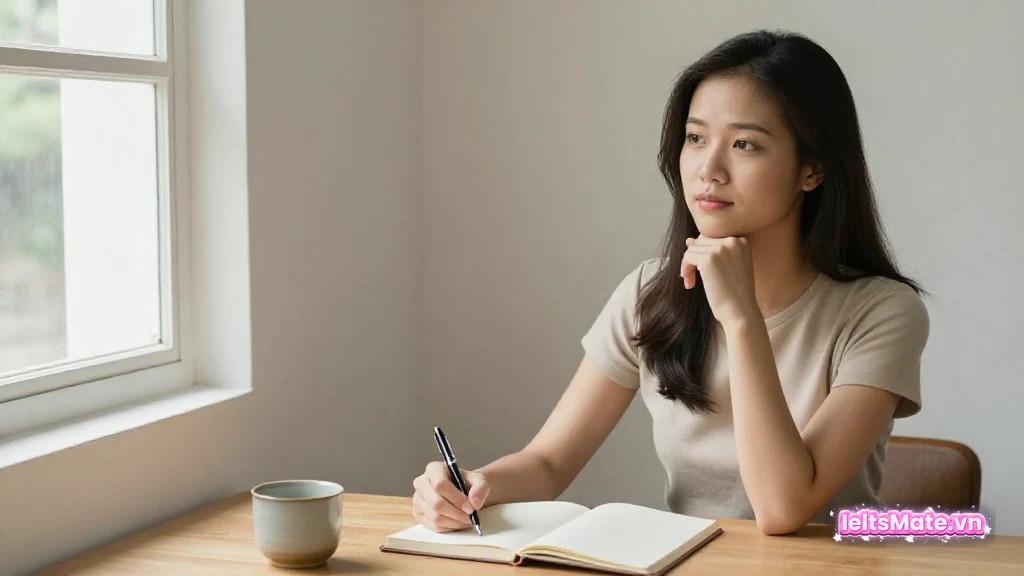 Người học Việt Nam ngồi bàn góc phòng, tay chống cằm suy nghĩ trước khi viết, thể hiện sự giữ vững quan điểm.