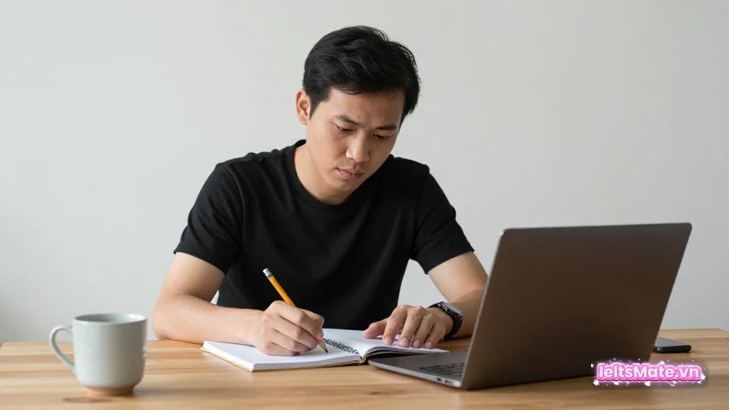 Hai người học Việt Nam đặt các khối gỗ trơn lên một cân nhỏ trên bàn để minh họa việc cân nhắc hai phía.