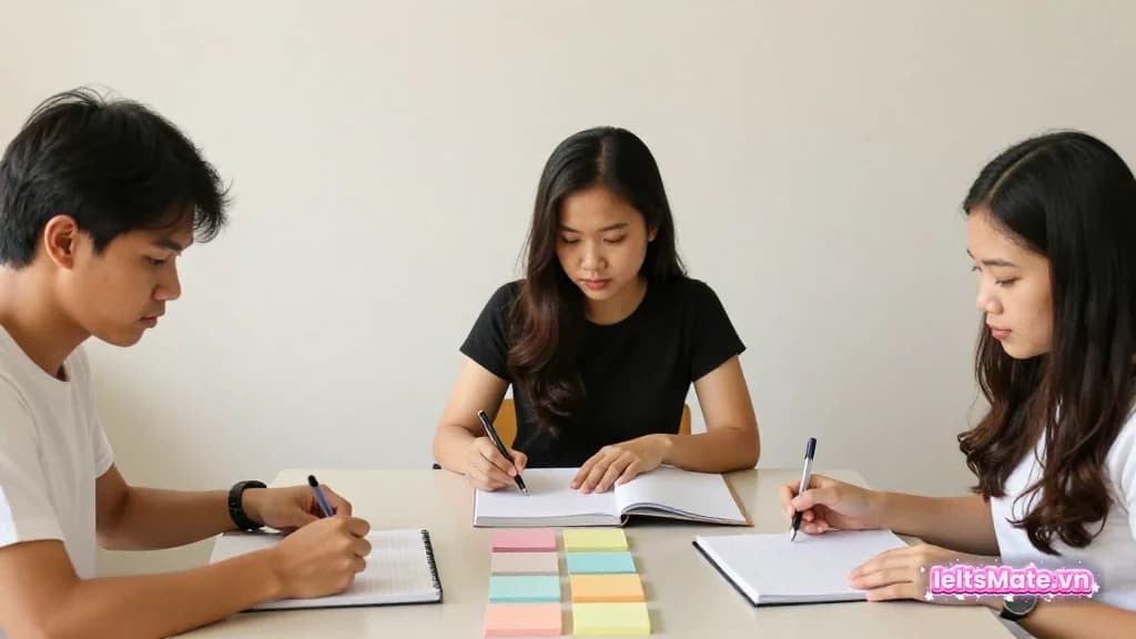 Người học Việt Nam trong góc học sáng, dùng bút và các trang nháp trắng để minh họa thao tác luyện phản biện IELTS Writing Task 2.
