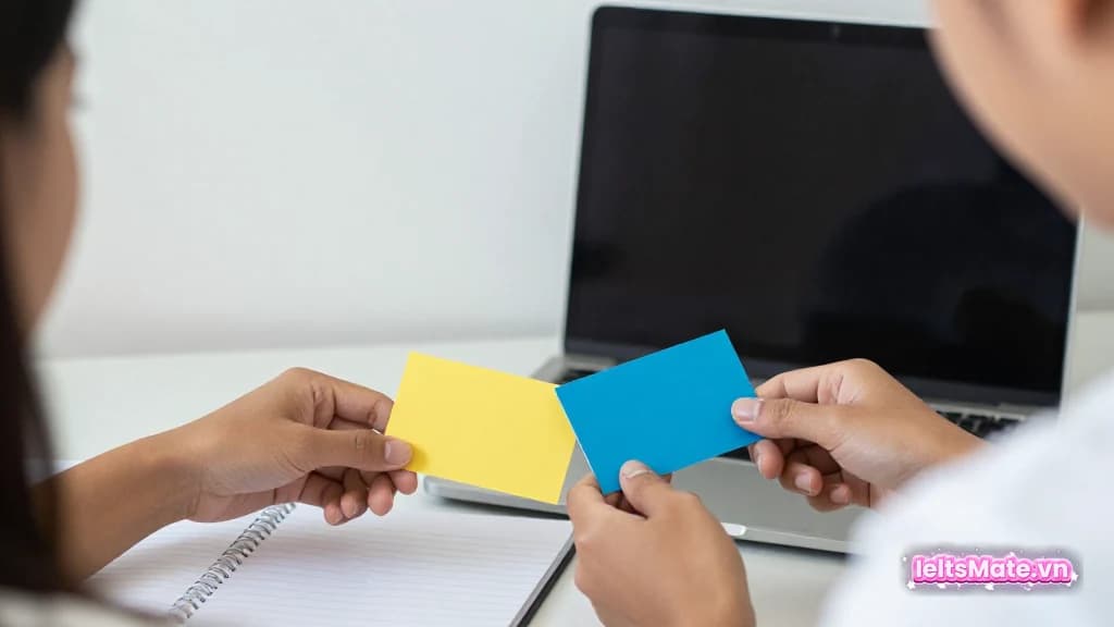 Một người học Việt Nam rút một thẻ giấy trắng khác màu khỏi chồng thẻ, như tìm ngoại lệ cho lập luận.