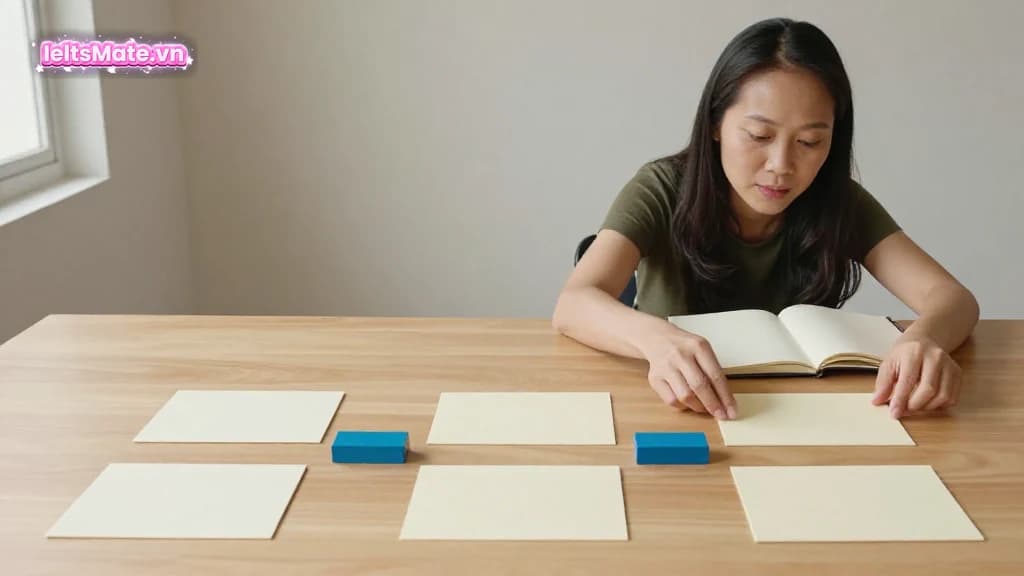 Một người học Việt Nam nối các thẻ giấy trơn thành chuỗi nguyên nhân, vấn đề và giải pháp cạnh sổ tay trên bàn.
