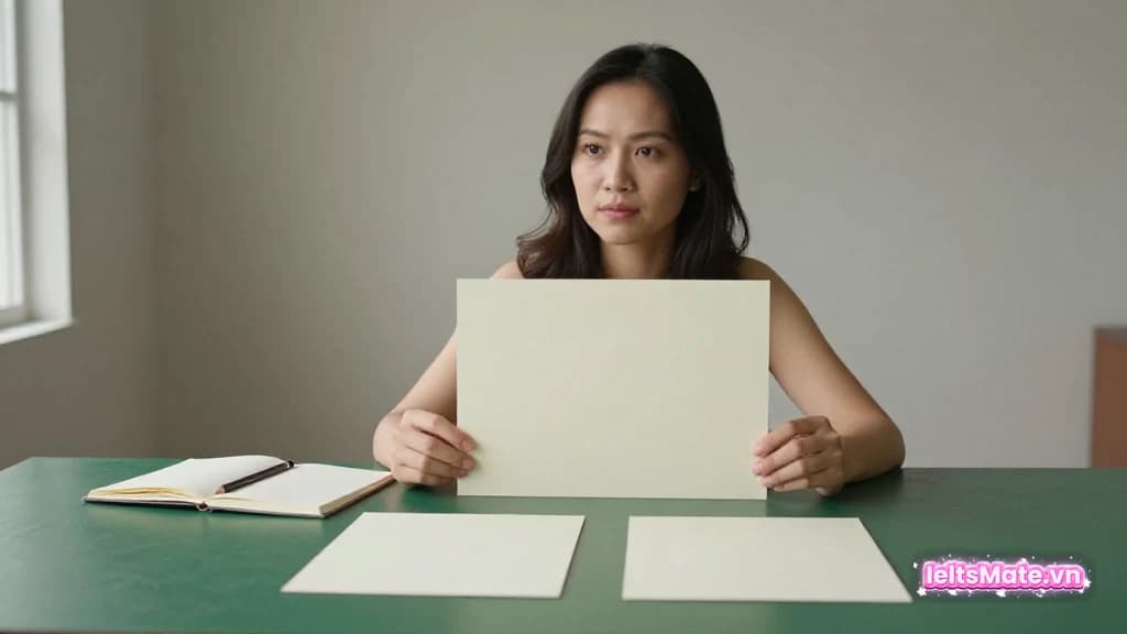 Một người học Việt Nam sắp xếp ba thẻ giấy trắng thành lập trường và hai ý chính cạnh sổ mở trên bàn.