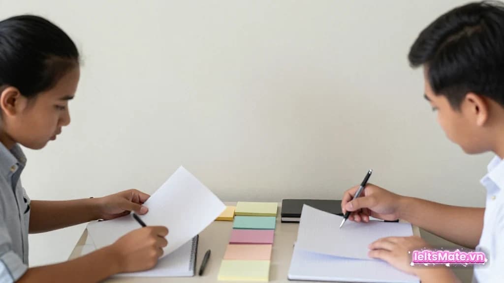 Người học Việt Nam trong góc học sáng, dùng bút và các trang nháp trắng để minh họa thao tác luyện topic sentence IELTS Writing Task 2.