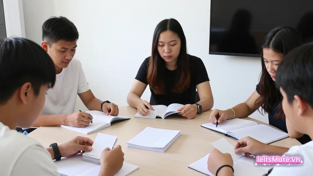 Ba người học Việt Nam quanh bàn tròn, mỗi người đặt thẻ giấy trắng vào một cụm chủ đề khác nhau.