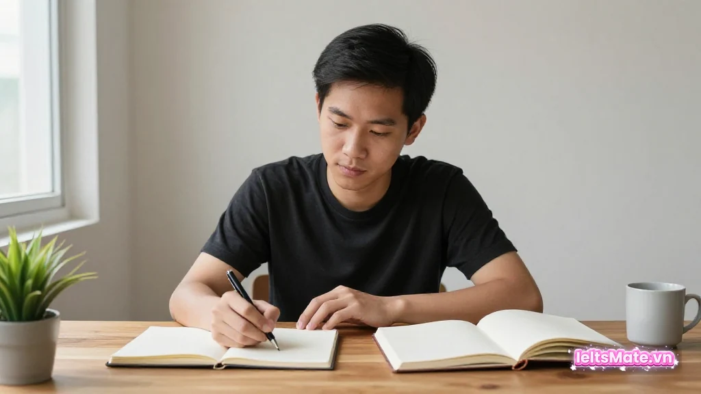 Người học Việt Nam đặt hai sổ trống song song trên bàn, tay cầm bút phân vân, gợi ý trả lời đủ hai phần của đề.
