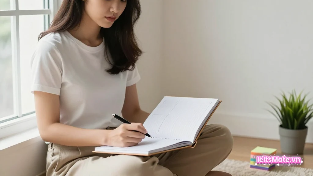 Người học Việt Nam ngồi trên sàn với sổ kế hoạch trống và các tab dán màu bên cạnh, gợi ý chia giai đoạn học trong một tháng.