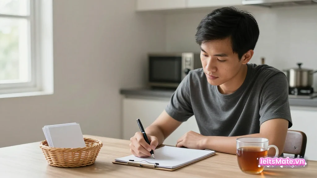 Người học Việt Nam viết trên bìa kẹp hồ sơ tại bàn bếp, giỏ nhỏ đựng thẻ trắng bên cạnh, gợi ý kế hoạch học nhiều tuần.