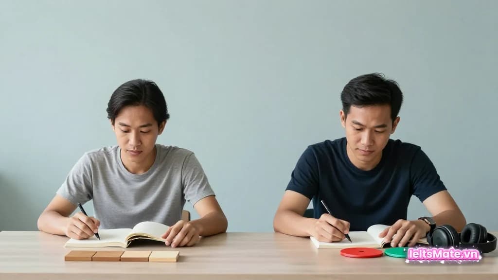 Hai người học Việt Nam ghép các mảnh đường đi và khối âm thanh trơn thành hai tuyến luyện tập song song trên bàn.