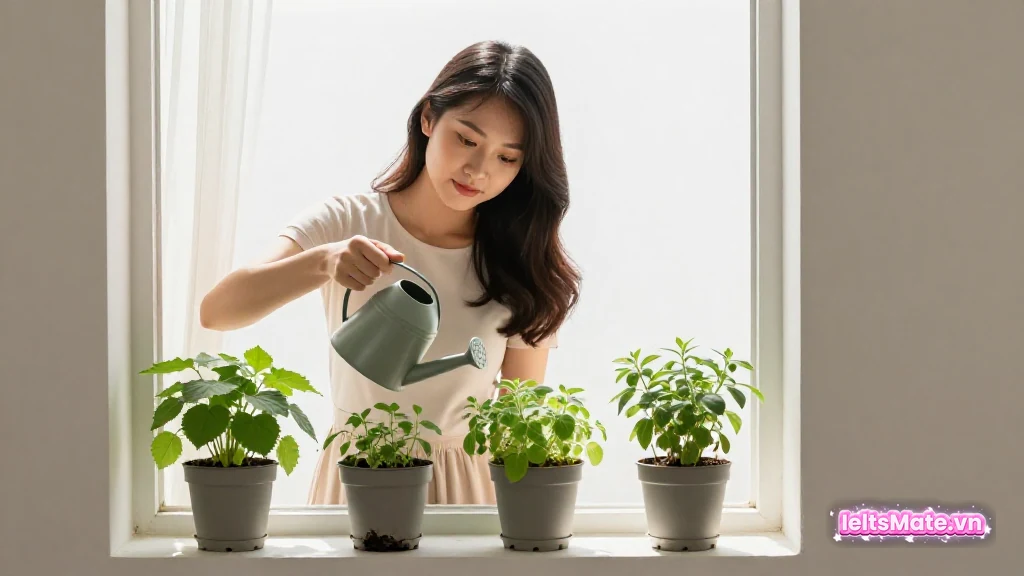 Người học Việt Nam tưới cây cho chậu nhỏ nhất trong bốn chậu trên bậu cửa sổ, ba chậu còn lại đã xanh tốt sẵn.