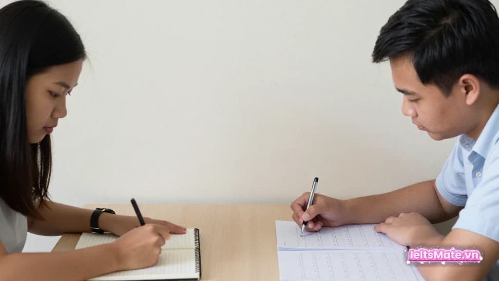 Người học Việt Nam trong góc học sáng, dùng sổ tay và lịch trống để minh họa thao tác luyện lịch học IELTS cho người đi làm.