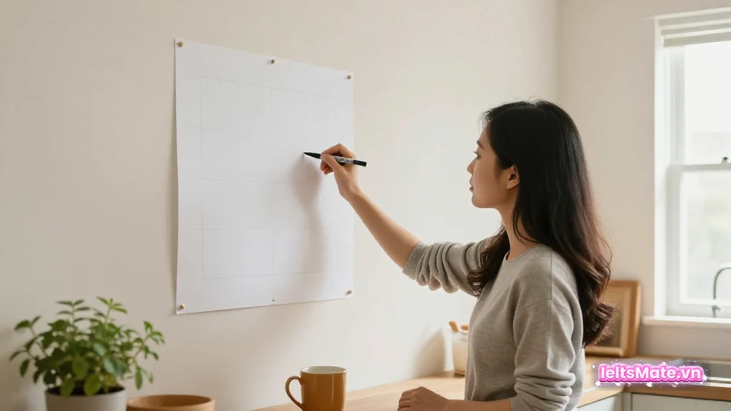 Người học Việt Nam khoanh tròn một ô trên tờ lịch treo tường trống trong gian bếp sáng, tay cầm bút dạ.