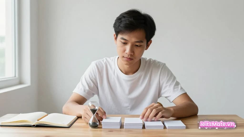 Người học Việt Nam đặt đồng hồ cát cạnh bốn chồng thẻ trắng, sắp lại chồng nhiều lỗi nhất trên bàn học.