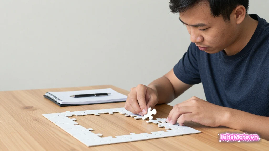 Người học Việt Nam ghép các miếng viền của một bộ ghép hình trơn trên bàn, hoàn thành khung ngoài trước khi lấp phần giữa.