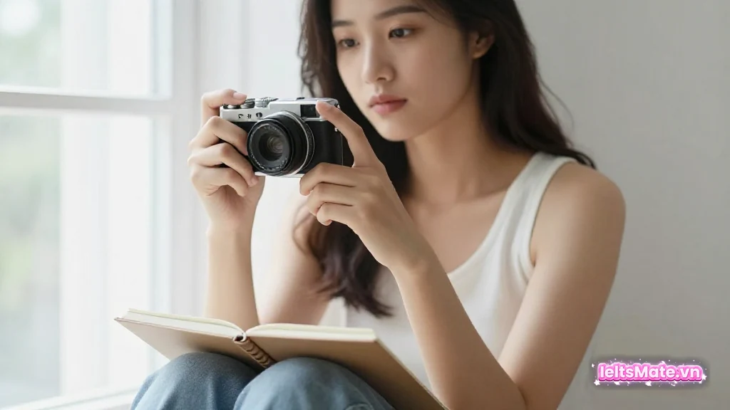 Người học Việt Nam chỉnh vòng lấy nét của máy ảnh bên cửa sổ, đưa khung cảnh từ mờ sang rõ để thể hiện độ chính xác.