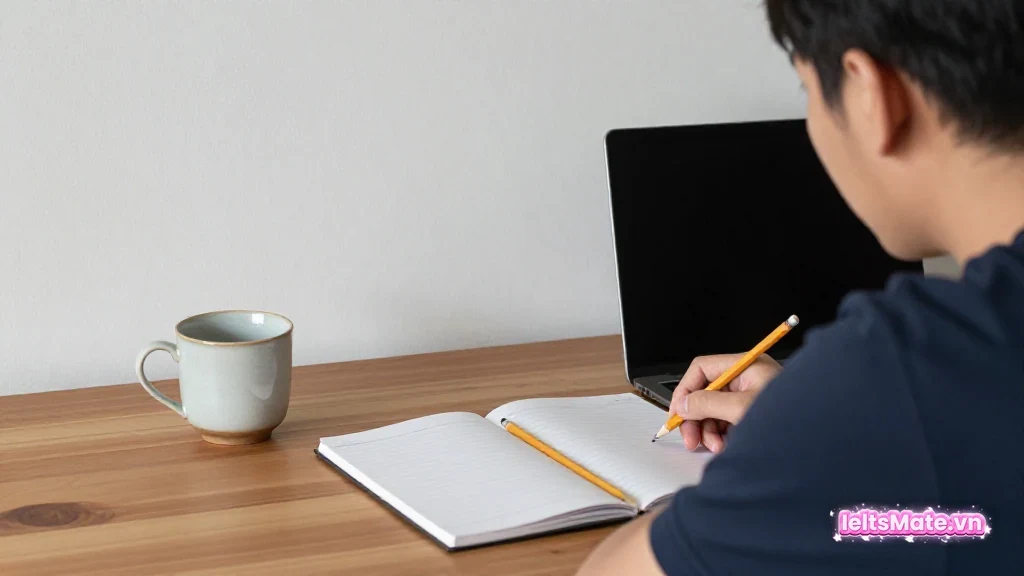 Hai người học Việt Nam xem lịch học tám tuần trên bảng trắng trơn với laptop màn hình mờ và sổ tay mở trên bàn.